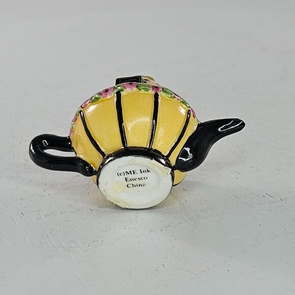 Mary Engelbreit Mini Yellow Teapot Shaped Trinket Box Floral Hinged Lid Enesco - Picture 6 of 8
